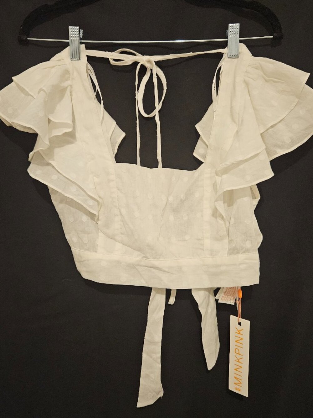 MINKPINK Whitewash Crop Top Size M White NWT Swiss Dot Ruffle Open Back Halter